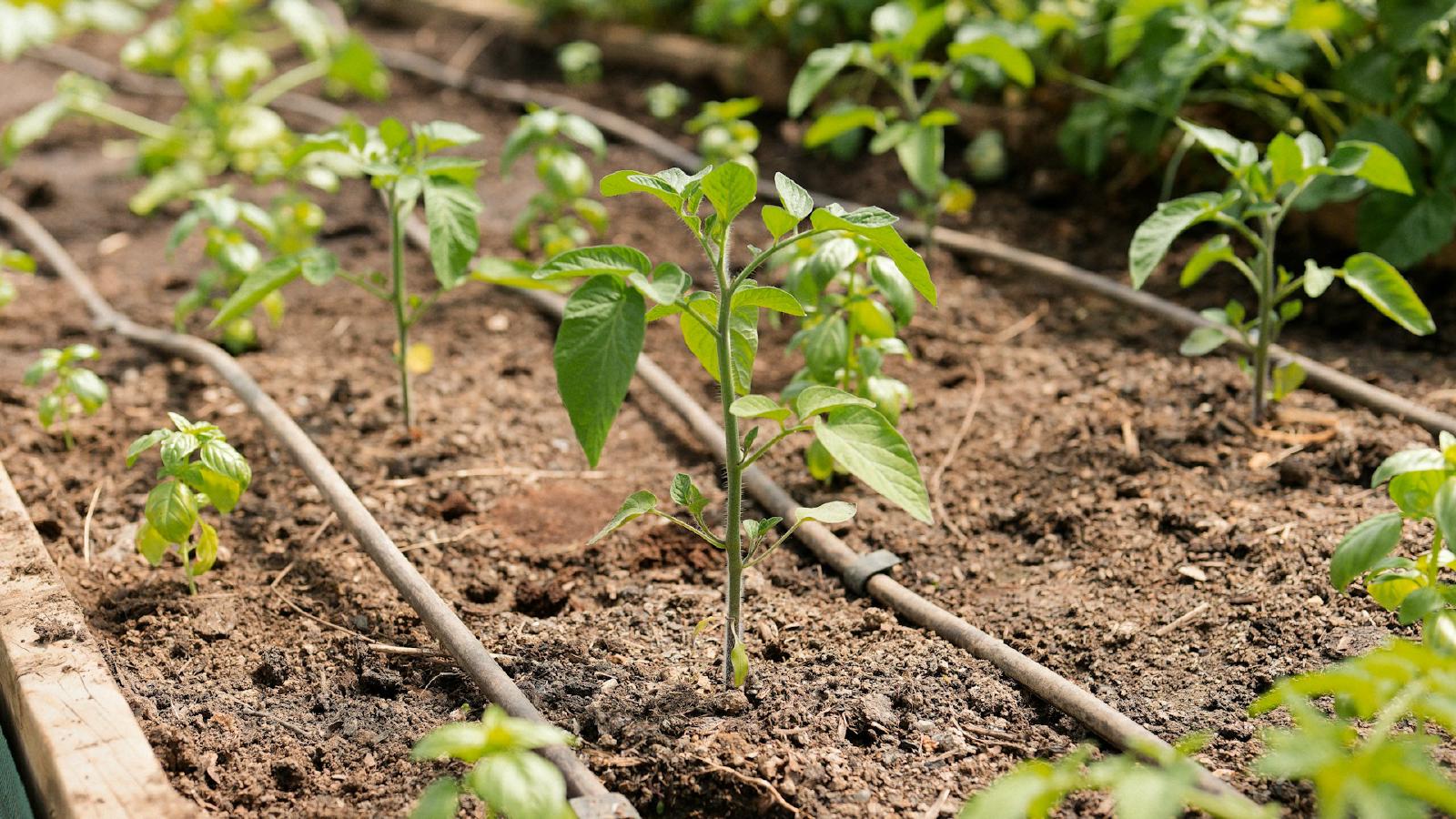 Drip irrigation tubing delivering water directly to plant roots.